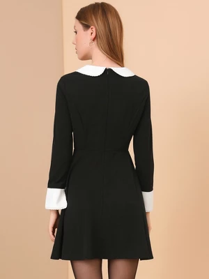 Allegra K Women's Peter Pan Collar Contrast Button Decor Long Sleeve Flare Dress - Image 4