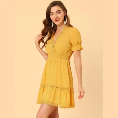 Allegra K Women's V Neck Smocked Elastic Waist Short Sleeve Boho Crochet Trim Mini Dress - Image 3