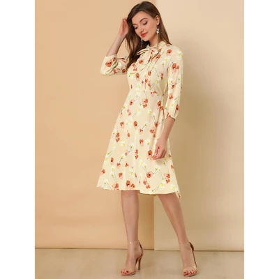 Allegra K Women's Floral Tie Neck 3/4 Sleeve Office Work Midi Flowy Flare Dress - Image 2