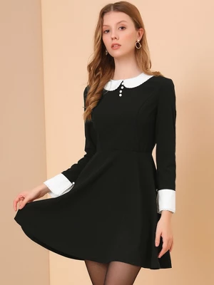 Allegra K Women's Peter Pan Collar Contrast Button Decor Long Sleeve Flare Dress - Image 2