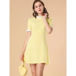 Allegra K Women's Summer Ruffle Neck Lace Panel Short Sleeve Check Gingham Dress